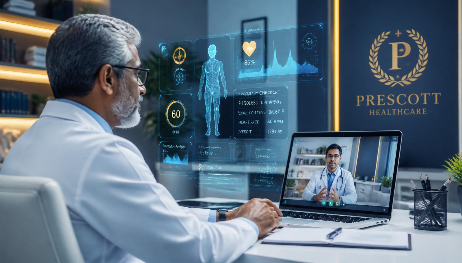 Médicos interagindo com tecnologia em teleconsulta